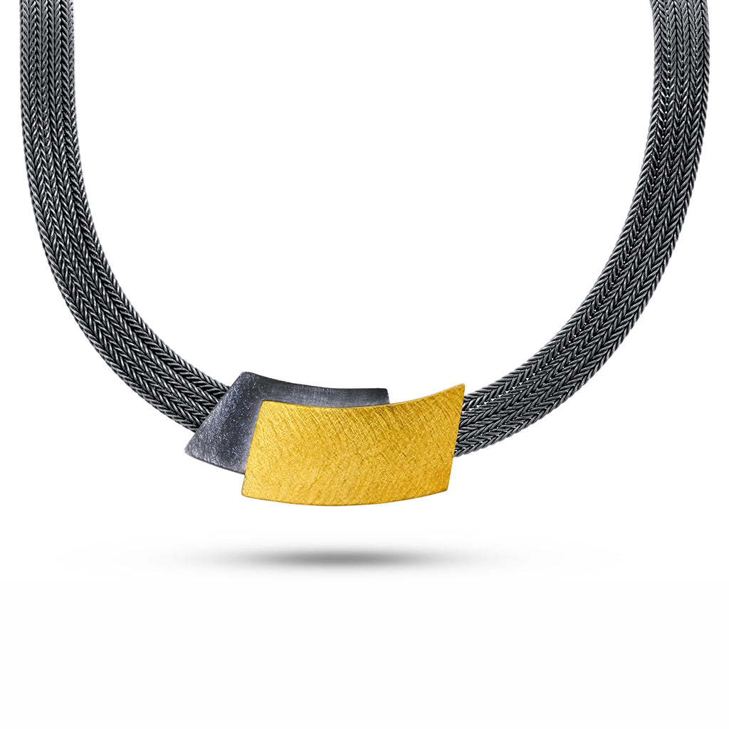 Photograph 1 of Manu's Contemporary Oxidised Silver 22k Yellow Gold Bi-Metal Foxchain Geometric Necklace. DESIGNYARD.com and in our Jewellery Shop Dublin, Ireland. Free Worldwide Shipping with DHL.