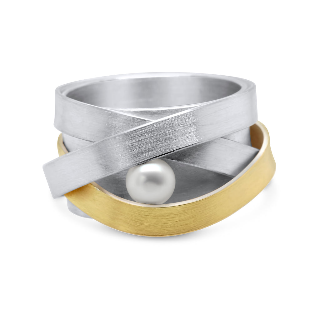Manu - Sterling Silver 22k Yellow Gold Bi-Metal Ribbon Pearl Ring - DESIGNYARD, Dublin Ireland.