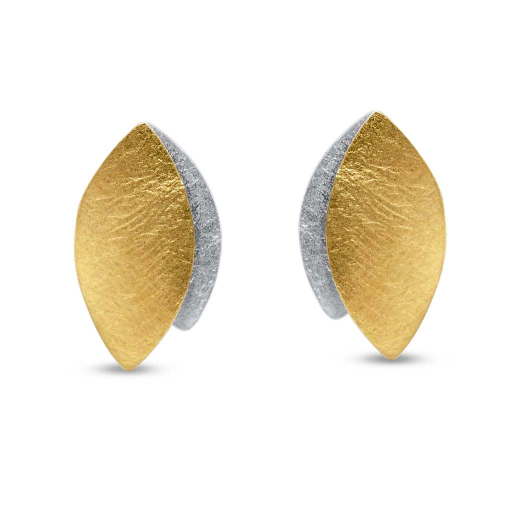 Photograph 1 of Manu's Contemporary Sterling Silver 22k Yellow Gold Textured Leaf Stud Earrings. Available on DESIGNYARD.com and in our Jewellery Shop Dublin, Ireland. Free Worldwide Shipping with DHL.