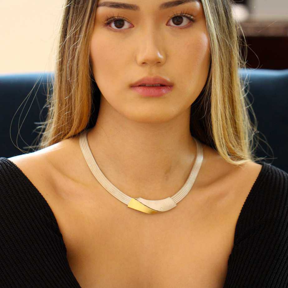 Manu - Sterling Silver 22k Yellow Gold Bi-Metal Diamond Foxchain Sweep Necklace - DESIGNYARD, Dublin Ireland.