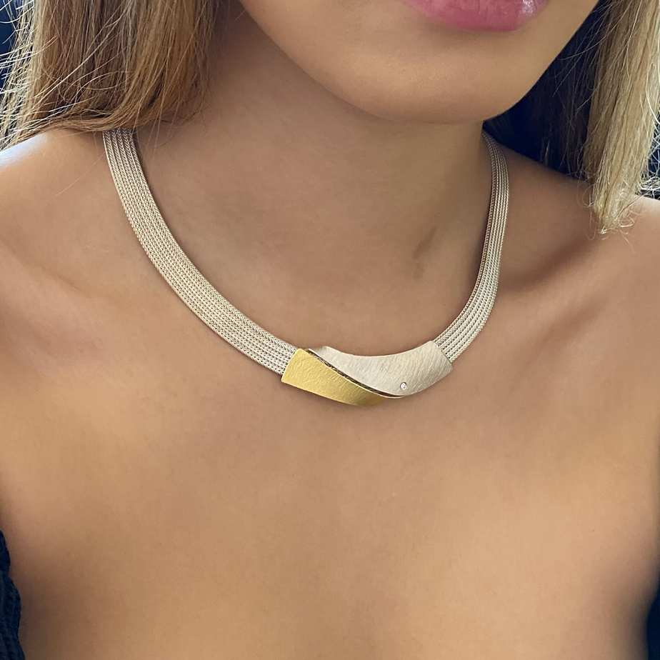 Manu - Sterling Silver 22k Yellow Gold Bi-Metal Diamond Foxchain Sweep Necklace - DESIGNYARD, Dublin Ireland.