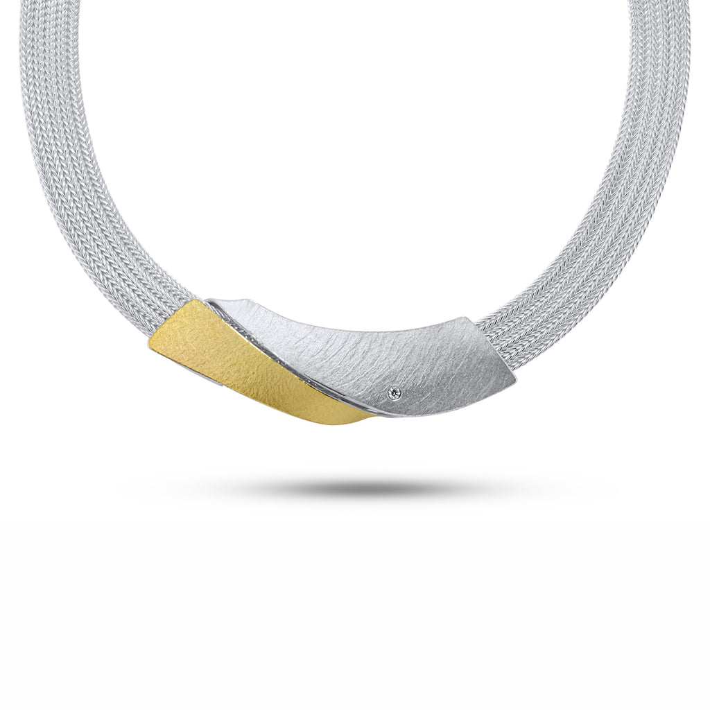 Manu - Sterling Silver 22k Yellow Gold Bi-Metal Diamond Foxchain Sweep Necklace - DESIGNYARD, Dublin Ireland.