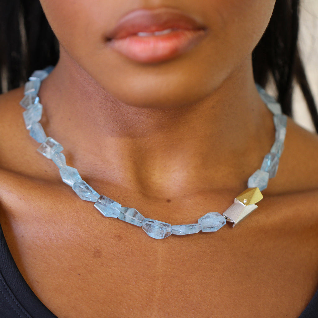 Photograph 3 of Manu's Contemporary Sterling Silver 22k Yellow Gold Aquamarine Diamond Statement Necklace. Available on DESIGNYARD.com and in our Jewellery Shop Dublin, Ireland. Free Worldwide Shipping with DHL.
