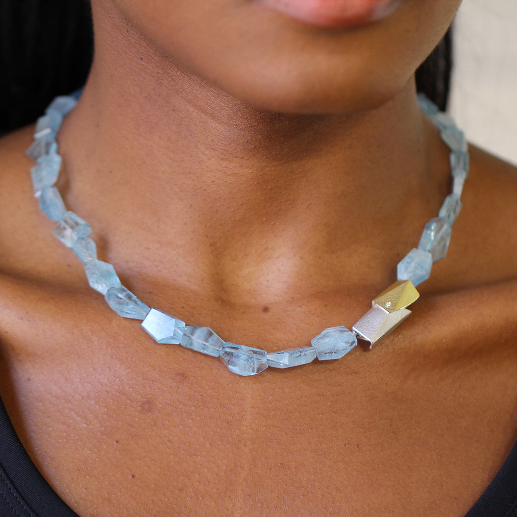 Photograph 5 of Manu's Contemporary Sterling Silver 22k Yellow Gold Aquamarine Diamond Statement Necklace. Available on DESIGNYARD.com and in our Jewellery Shop Dublin, Ireland. Free Worldwide Shipping with DHL.