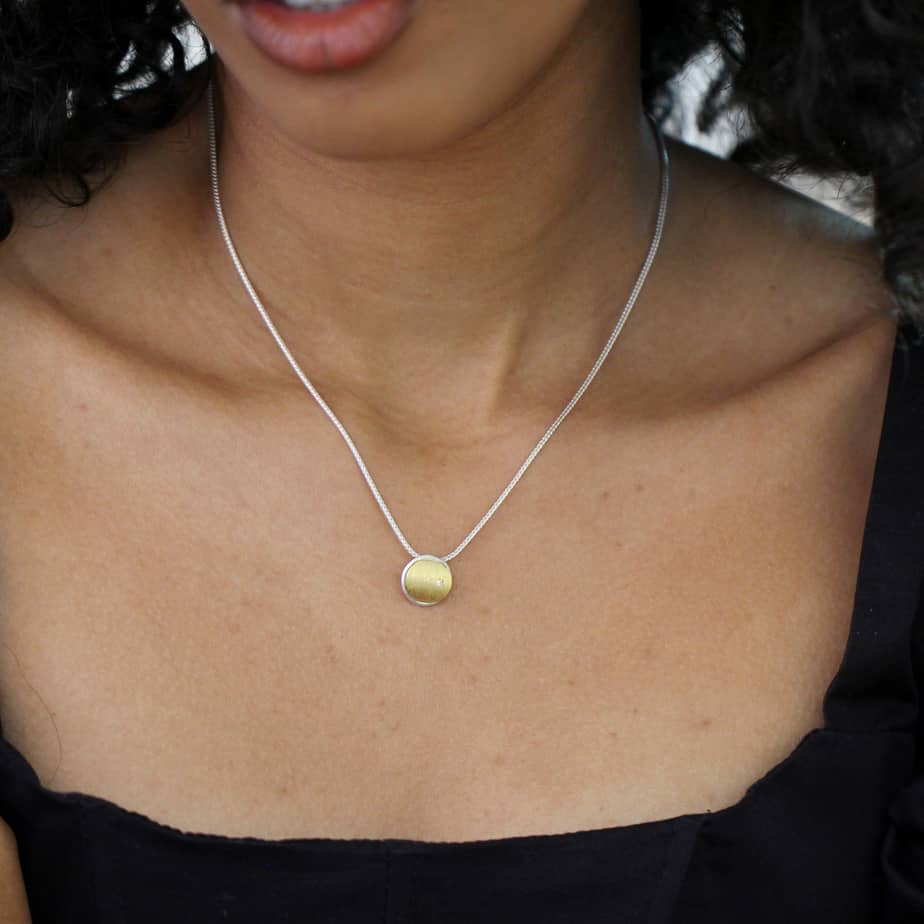 Photograph 2 of Manu's Contemporary Sterling Silver 22k Yellow Gold Bi-Metal Diamond Fine Foxchain Lagune Necklace. Available on DESIGNYARD.com and in our Jewellery Shop Dublin, Ireland. Free Worldwide Shipping with DHL.