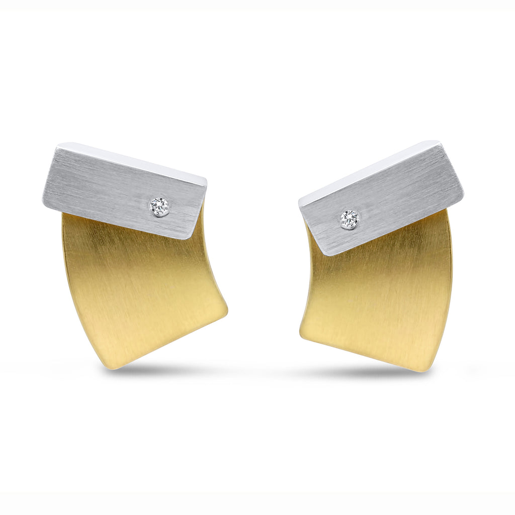 Photograph 1 of Manu's Contemporary Sterling Silver 22k Yellow Gold Bi Metal Diamond Fold Statement Earrings. Available on DESIGNYARD.com Dublin, Ireland. Free Worldwide Shipping with DHL.
