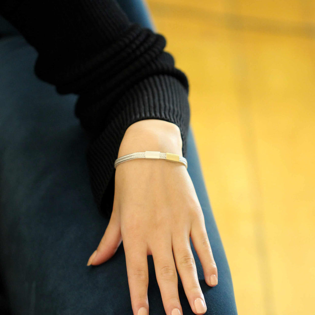 Photograph 2 of Manu's Contemporary Sterling Silver 22k Yellow Gold Bi-metal Foxchain Bars Bracelet. Available on  DESIGNYARD.com and in our Jewellery Shop Dublin, Ireland.