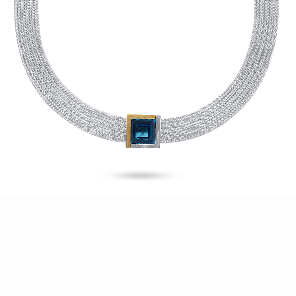 Photograph 1 of Manu's Contemporary Sterling Silver 22k Yellow Gold Bi-Metal Foxchain Square Statement Necklace. Available on DESIGNYARD.com and in our Jewellery Shop Dublin, Ireland. Free Worldwide Shipping with DHL.