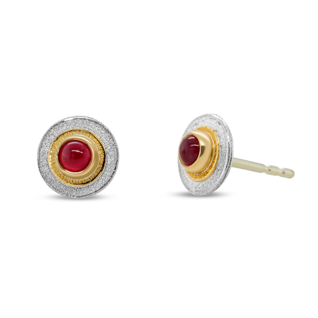 Photograph 1 of Manu's Contemporary Sterling Silver and 22k Yellow Gold Bi-Metal Ruby Earrings. Available on DESIGNYARD.com and in our Jewelry Store Dublin, Ireland. Free Worldwide Shipping with DHL.