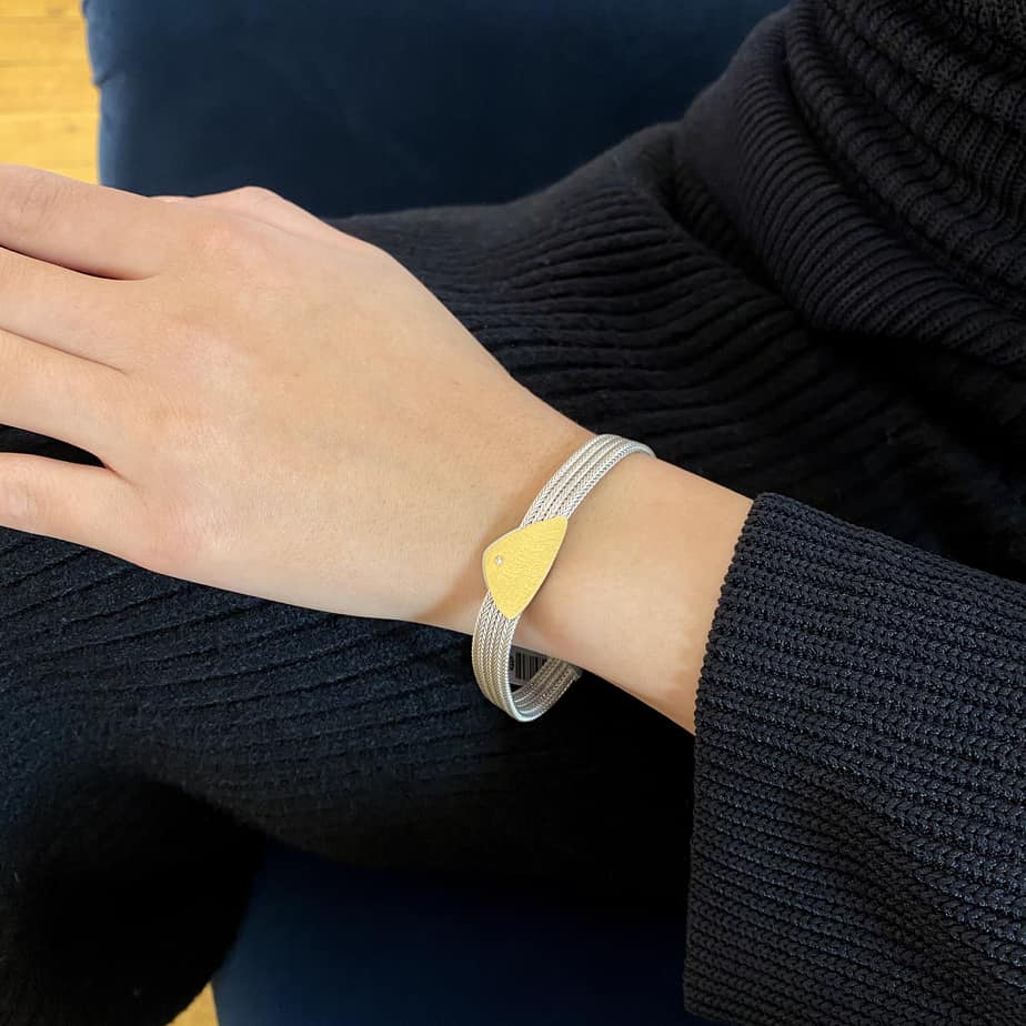 Photograph 2 of Manu's Contemporary Sterling Silver 22k Yellow Gold Bi-metal Shield Bracelet. Available on DESIGNYARD.com and in our Jewellery Shop Dublin, Ireland. Free Worldwide Shipping with DHL.
