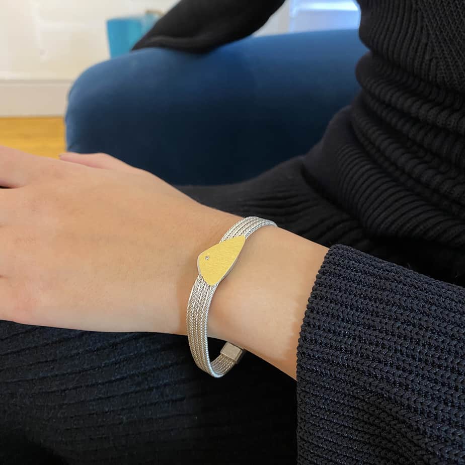 Photograph 3 of Manu's Contemporary Sterling Silver 22k Yellow Gold Bi-metal Shield Bracelet. Available on DESIGNYARD.com and in our Jewellery Shop Dublin, Ireland. Free Worldwide Shipping with DHL.