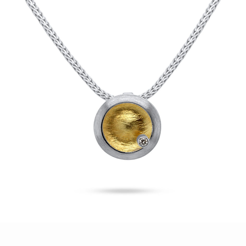 Photograph 1 of Manu's Contemporary Sterling Silver 22k Yellow Gold Diamond Disc Necklace. Available on DESIGNYARD.com and in our Jewellery Shop Dublin, Ireland. Free Worldwide Shipping with DHL.