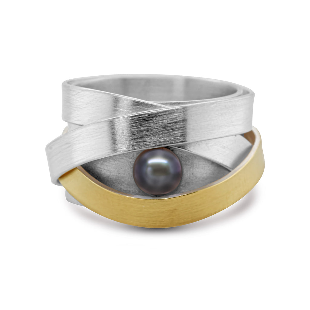 Manu - Sterling Silver 22k Yellow Gold Grey Pearl Ribbon Ring - DESIGNYARD, Dublin Ireland.