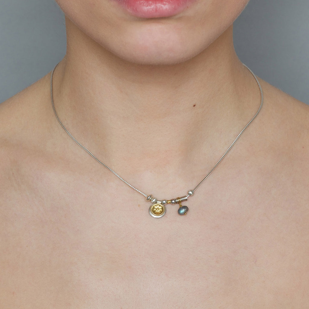 Photograph 2 of Manu's Contemporary Sterling Silver 22k Yellow Gold Labradorite Necklace. Available on DESIGNYARD.com and in our Jewellery Shop Dublin, Ireland.