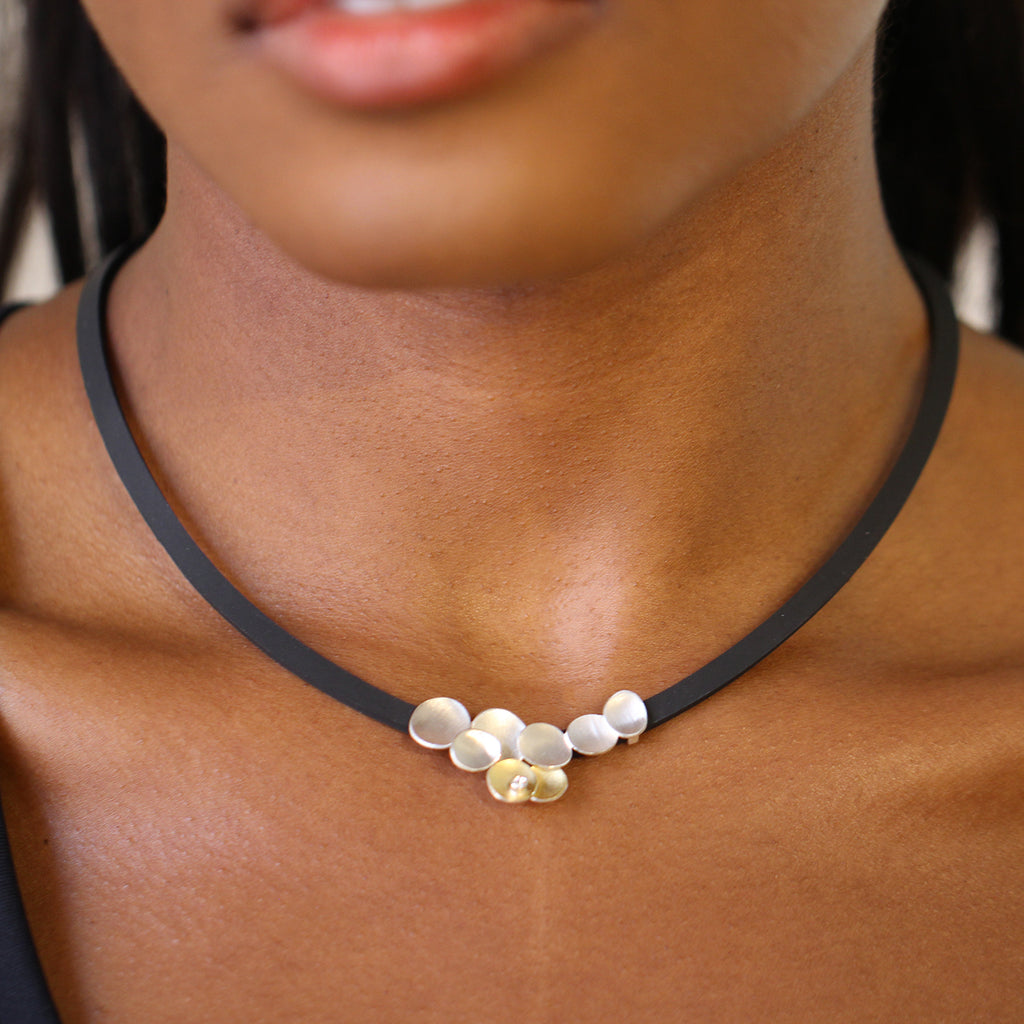 Manu - Sterling Silver 22k Yellow Gold Petals Diamond Rubber Necklace - DESIGNYARD, Dublin Ireland.