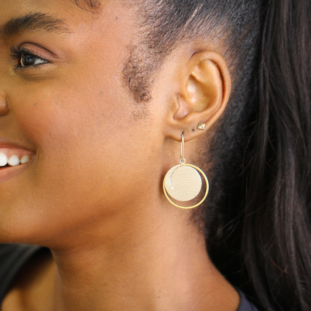 Photograph 3 of Manu's Contemporary Sterling Silver 22k Yellow Gold Planet Diamond Statement Earrings. Available on DESIGNYARD.com and in our Jewellery Shop Dublin, Ireland. Free Worldwide Shipping with DHL.