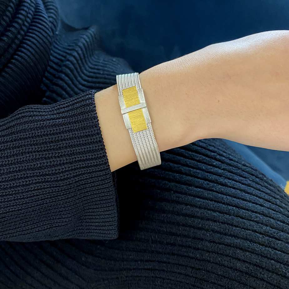 Manu - Sterling Silver 22k Yellow Gold Textured Buckle Bracelet - DESIGNYARD, Dublin Ireland.
