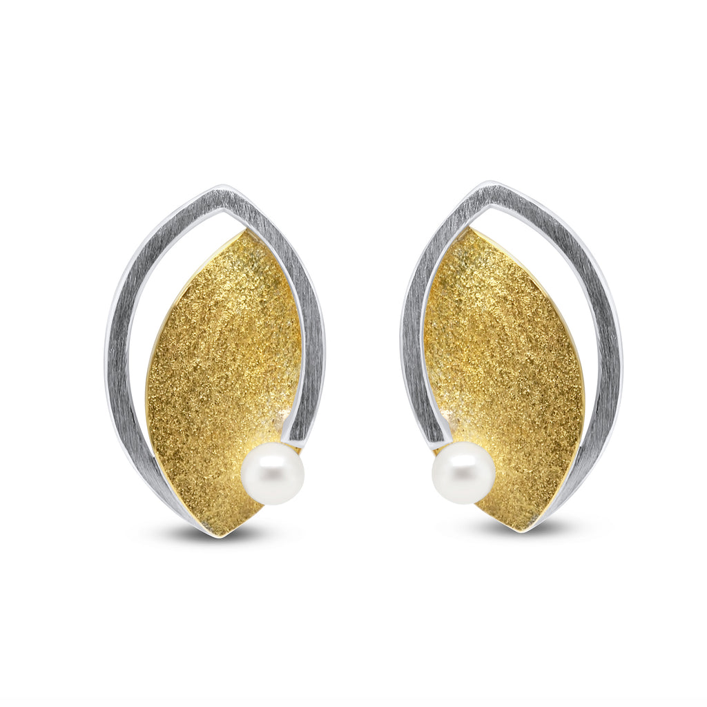 Photograph 1 of Manu's Contemporary Sterling Silver 22k Yellow Gold Pearl Leaf Statement Earrings. Available on DESIGNYARD.com and in our Jewellery Shop Dublin, Ireland. Free Worldwide Shipping with DHL.