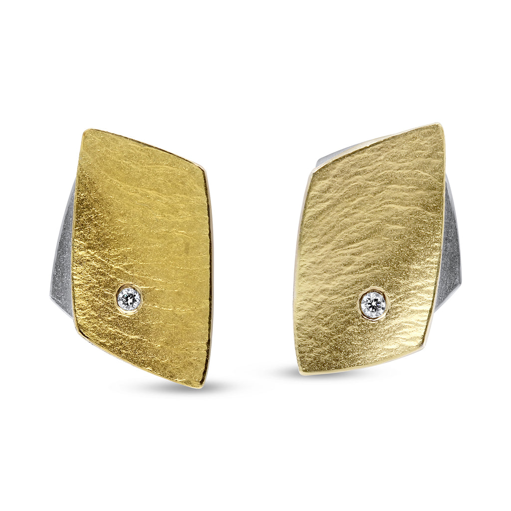 Photograph 1 of Manu's Contemporary Sterling Silver 22k Yellow Gold Textured Diamond Stud Earrings. Available on DESIGNYARD.com and in our Jewellery Shop Dublin, Ireland. Free Worldwide Shipping with DHL.