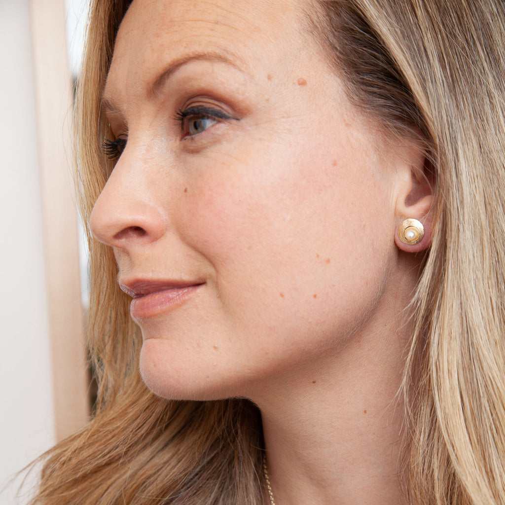 Photograph 3 of Martina Hamilton's Yellow Gold Oyster Pearl Stud Earrings. Available on DESIGNYARD.com and in our Jewellery Shop Dublin, Ireland. Free Worldwide Shipping with DHL.