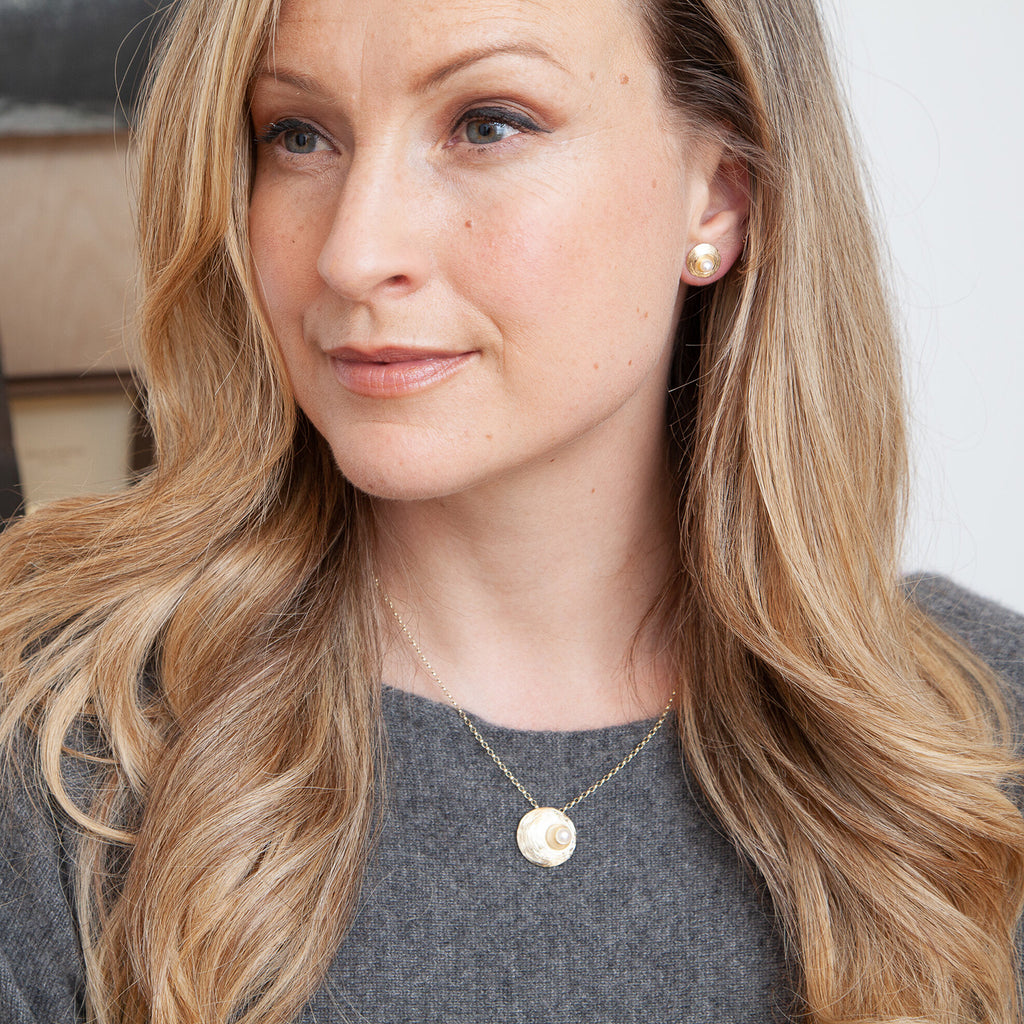 Photograph 2 of Martina Hamilton's Yellow Gold Oyster Pearl Stud Earrings. Available on DESIGNYARD.com and in our Jewellery Shop Dublin, Ireland. Free Worldwide Shipping with DHL.
