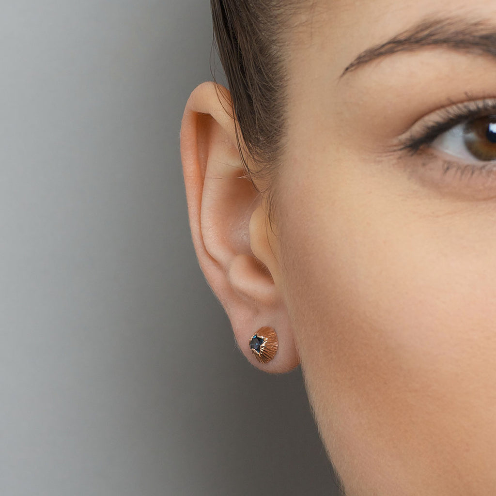 Photograph 2 of Martina Hamilton's Contemporary 10k Rose Gold Seashore Blue Topaz Stud Earrings. Available on  DESIGNYARD.com and in our Jewellery Shop Dublin, Ireland. Free Worldwide Shipping with DHL.
