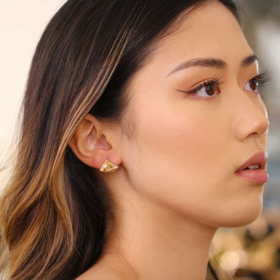 Photograph 3 of Martina Hamilton's 9k Yellow Gold Shore Pearl Earrings. Available on DESIGNYARD.com and in our Jewellery Shop Dublin, Ireland. Free Worldwide Shipping with DHL.