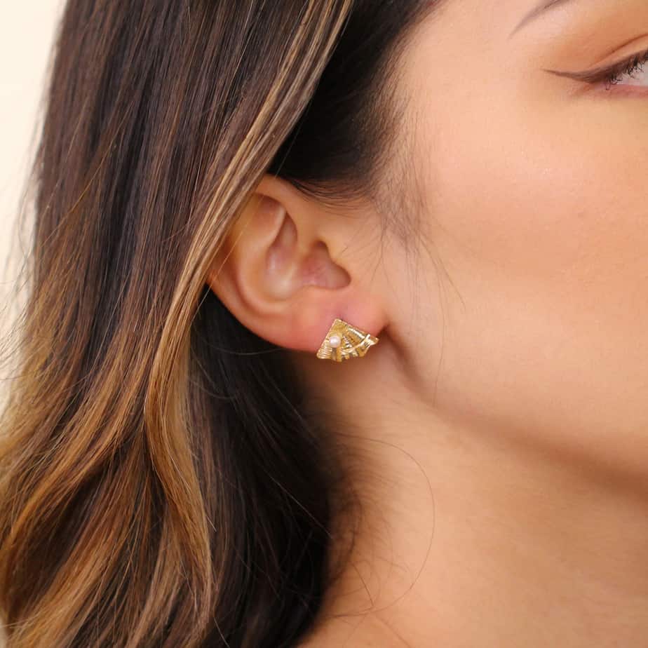 Photograph 2 of Martina Hamilton's 9k Yellow Gold Shore Pearl Earrings. Available on DESIGNYARD.com and in our Jewellery Shop Dublin, Ireland. Free Worldwide Shipping with DHL.