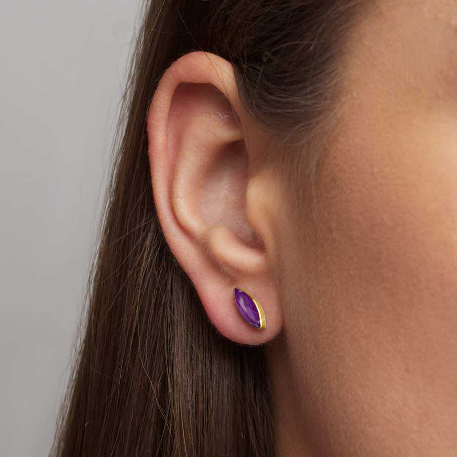 Photograph 2 of Manu's Contemporary Sterling Silver 22k Yellow Gold Bi-Metal Amethyst Navette Stud Earrings. Available on DESIGNYARD.com and in our Jewellery Shop Dublin, Ireland. Free Worldwide Shipping with DHL.