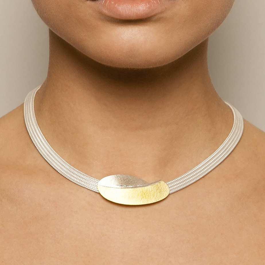 Photograph 2 of Manu's Contemporary Sterling Silver 22k Yellow Gold Bi Metal Foxchain Lotus Petal Statement Necklace. Available on DESIGNYARD.com and in our Jewellery Shop Dublin, Ireland. Free Worldwide Shipping with DHL.