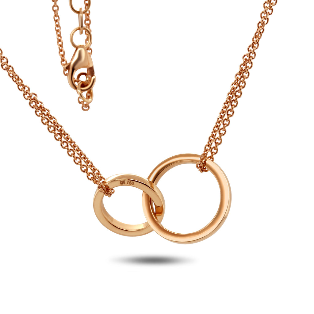 Photograph 3 of Meister's Contemporary 18k Rose Gold Two Rings Interlocking Diamond Necklace. Available on DESIGNYARD.com and in our Jewellery Shop Dublin, Ireland. Free Worldwide Shipping with DHL.