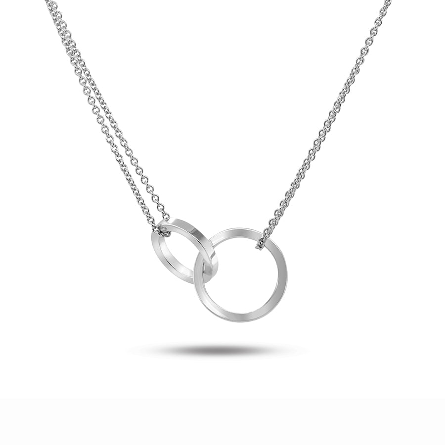 Photograph 3 of Meister's Contemporary 18k White Gold Two Rings Interlocking Diamond Necklace. Available on DESIGNYARD.com and in our Jewellery Shop Dublin, Ireland. Free Worldwide Shipping with DHL.