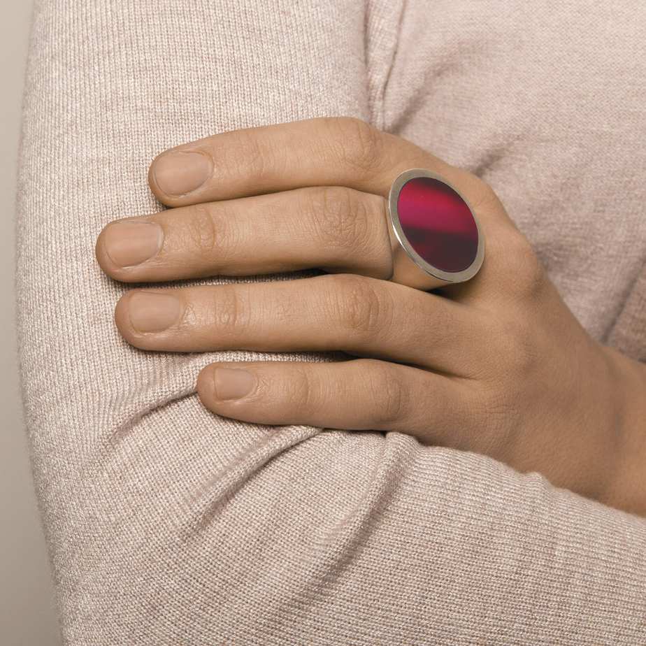 Photograph 2 of Monika Jakubec's Contemporary Sterling Silver Red Resin Cone Statement Ring. Available on DESIGNYARD.com and in our Jewellery Shop Dublin, Ireland. Free Worldwide Shipping with DHL.