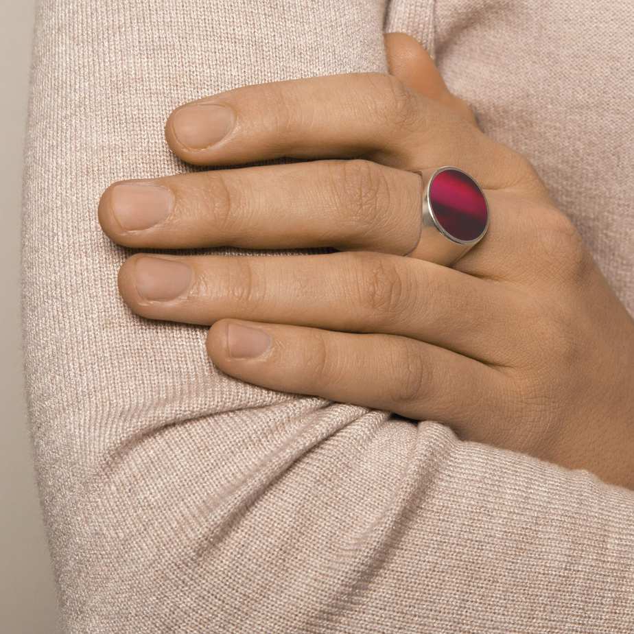 Photograph 3 of Monika Jakubec's Contemporary Sterling Silver Red Resin Cone Statement Ring. Available on DESIGNYARD.com and in our Jewellery Shop Dublin, Ireland. Free Worldwide Shipping with DHL.