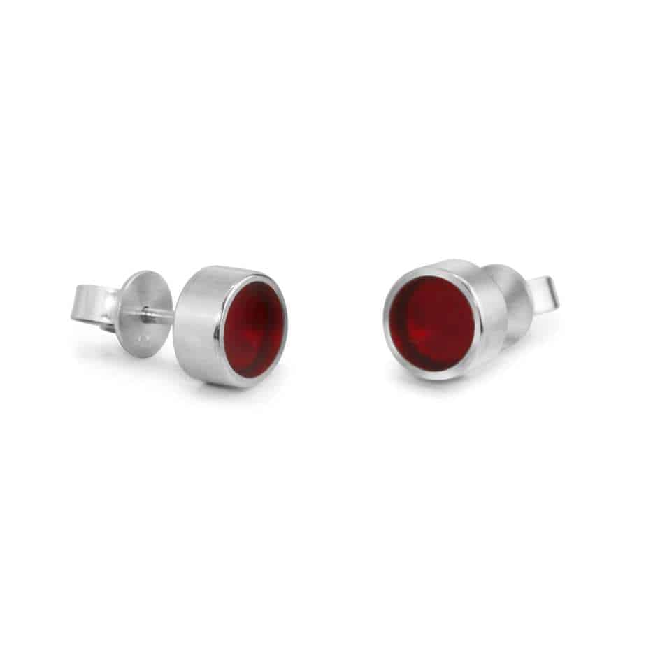Photograph 3 of Monika Jakubec's Contemporary Silver Red Resin Round Micro Stud Earrings. Available on DESIGNYARD.com and in our Jewellery Shop Dublin, Ireland. Free Worldwide Shipping with DHL.