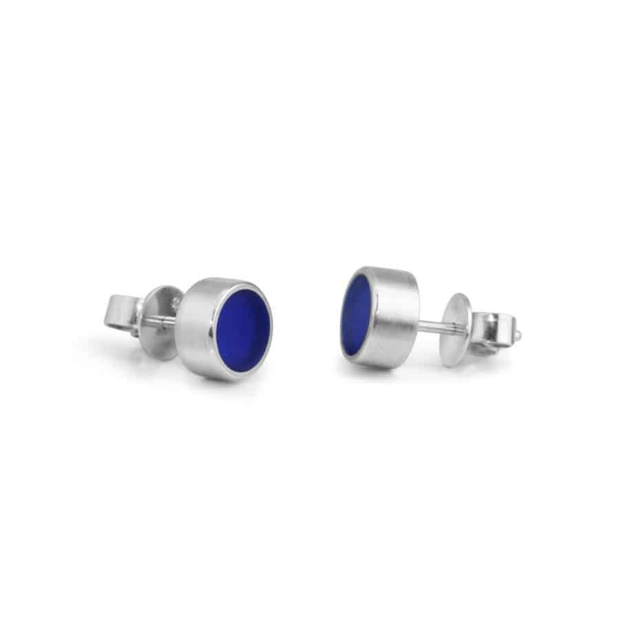Photograph 3 of Monika Jakubec's Contemporary Handmade Silver Blue Resin Round Micro Stud Earrings. Available on DESIGNYARD.com and in our Jewellery Shop Dublin, Ireland. Free Worldwide Shipping with DHL.