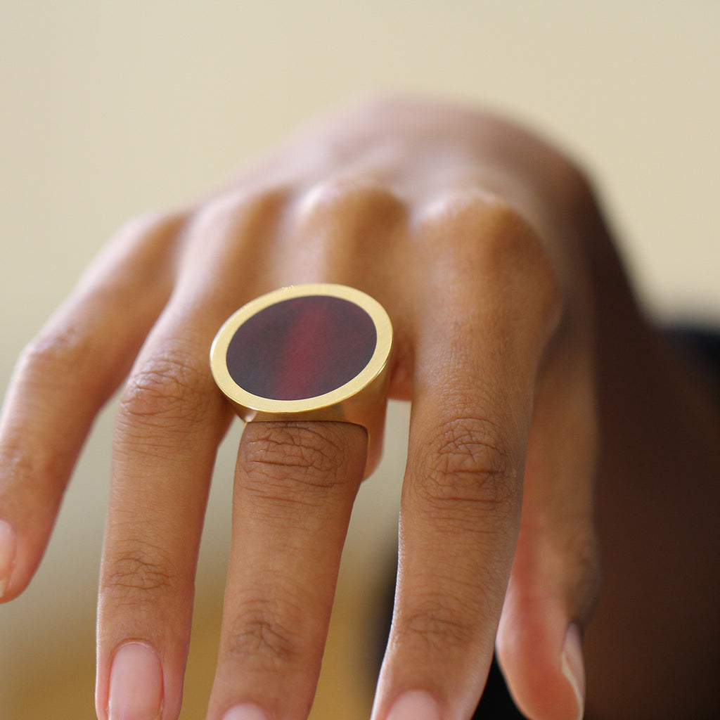 Monika Jakubec - 18k Yellow Gold Red Resin Cone Ring - DESIGNYARD, Dublin Ireland.