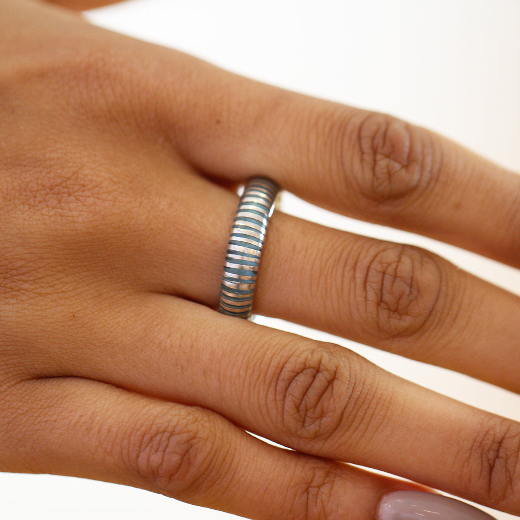 Photograph 3 of Monika Jakubec's Contemporary Silver Aqua Resin Cebra Statement Ring. Available on DESIGNYARD.com and in our Jewellery Shop Dublin, Ireland. Free Worldwide Shipping with DHL.