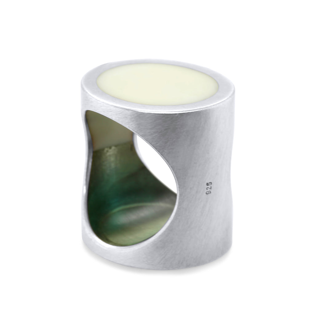 Photograph 1 of Monika Jakubec's Contemporary Silver Blue Aquamarine Cream Oval Resin Statement Ring. Available on DESIGNYARD.com and in our Jewellery Shop Dublin, Ireland. Free Worldwide Shipping with DHL.