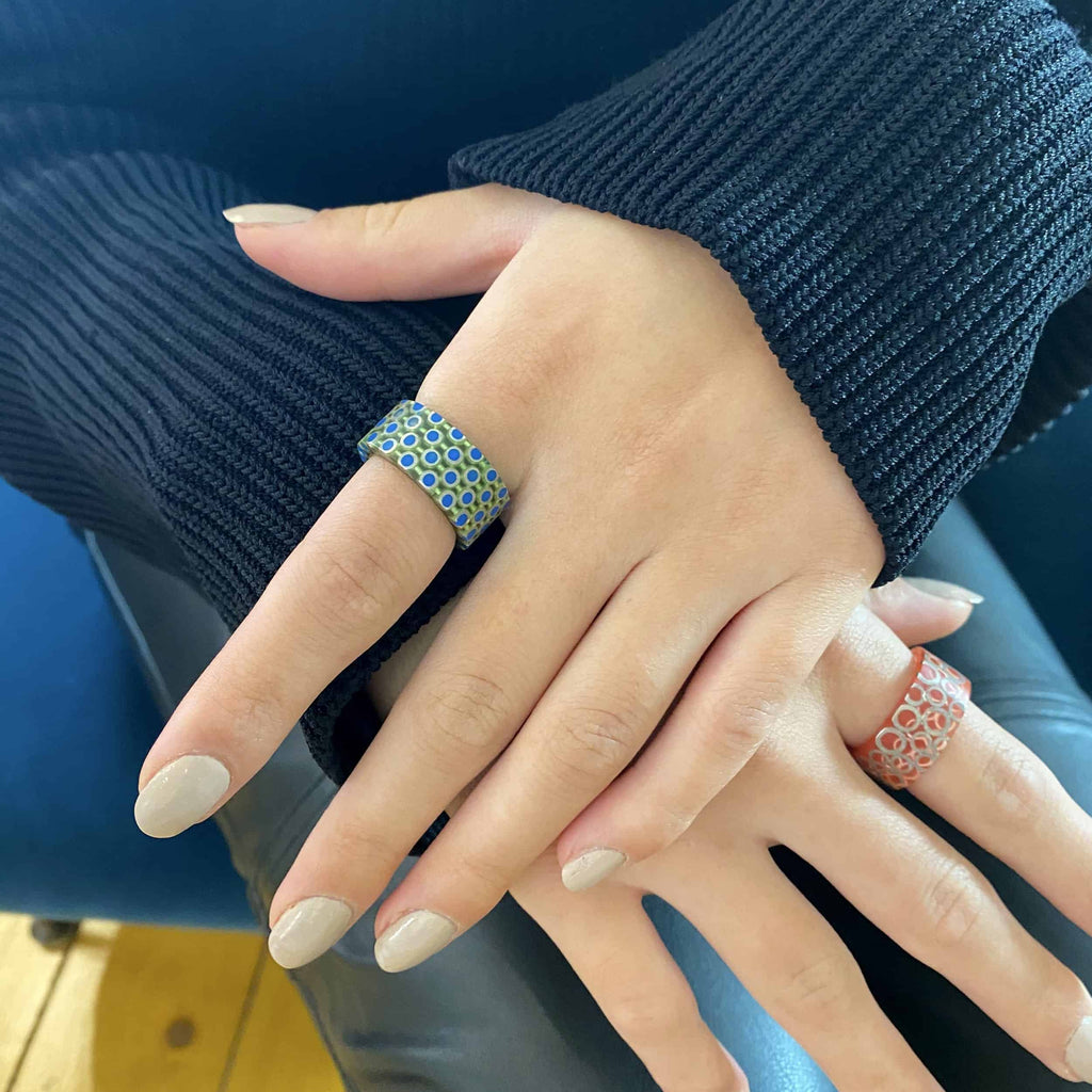 Photograph 2 of Monika Jakubec's Contemporary Silver Green Blue Resin Chain Sphere Statement Ring. Available on  DESIGNYARD.com and in our Jewellery Shop Dublin, Ireland. Free Worldwide Shipping with DHL.