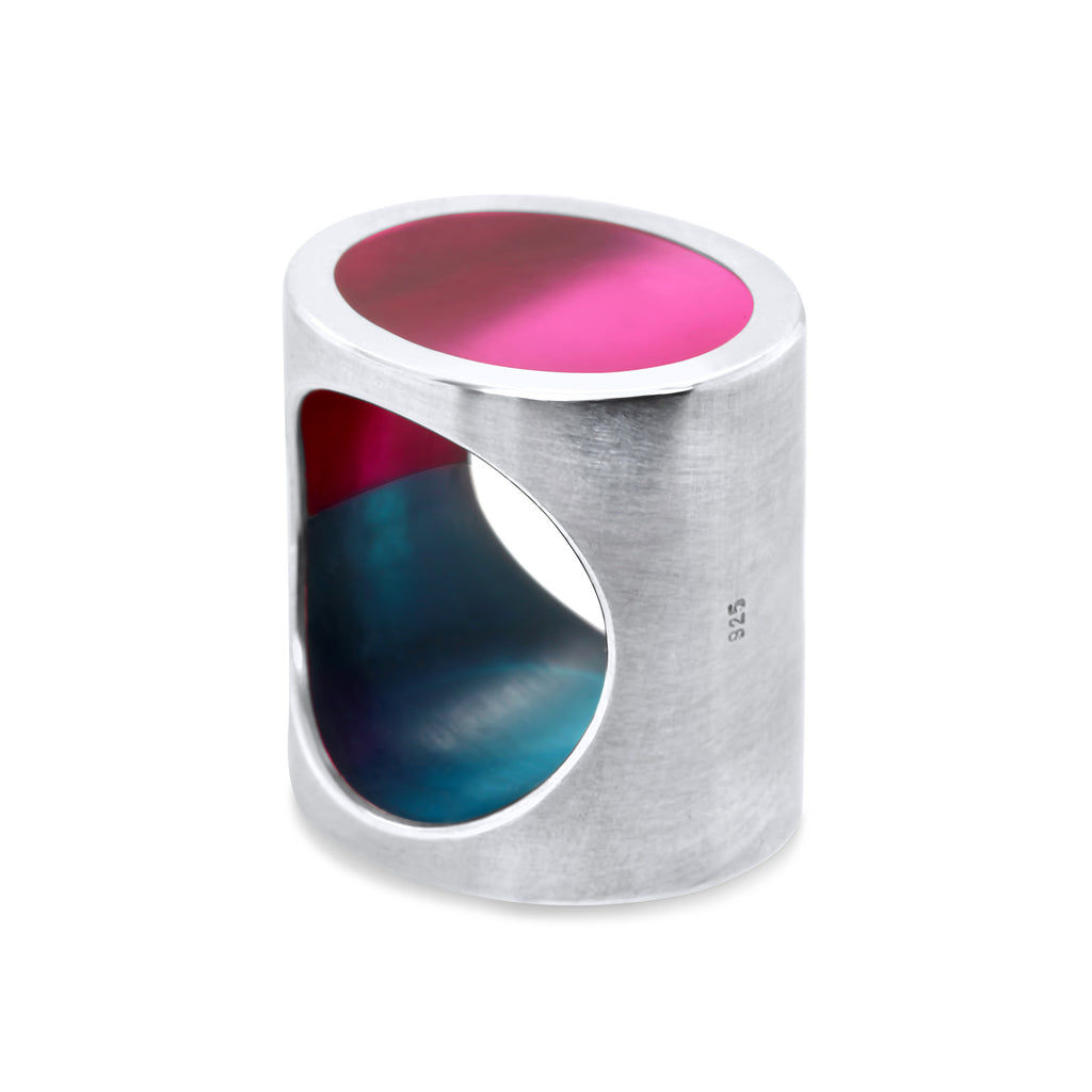 Photograph 1 of Monika Jakubec's Contemporary Silver Pink Blue Oval Resin Statement Ring. Available on DESIGNYARD.com and in our Jewellery Shop Dublin, Ireland. Free Worldwide Shipping with DHL.