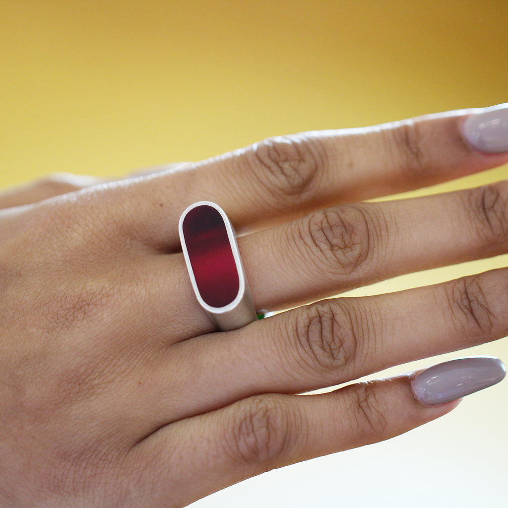 Photograph 2 of Monika Jakubec's Contemporary Sterling Silver Pink Green Resin Capsule Statement Ring. Available on DESIGNYARD.com and in our Jewellery Shop Dublin, Ireland. Free Worldwide Shipping with DHL.