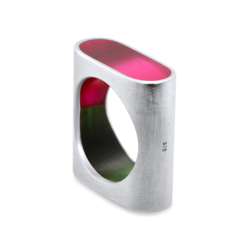 Monika Jakubec - Sterling Silver Pink Green Resin Capsule Ring - DESIGNYARD, Dublin Ireland.