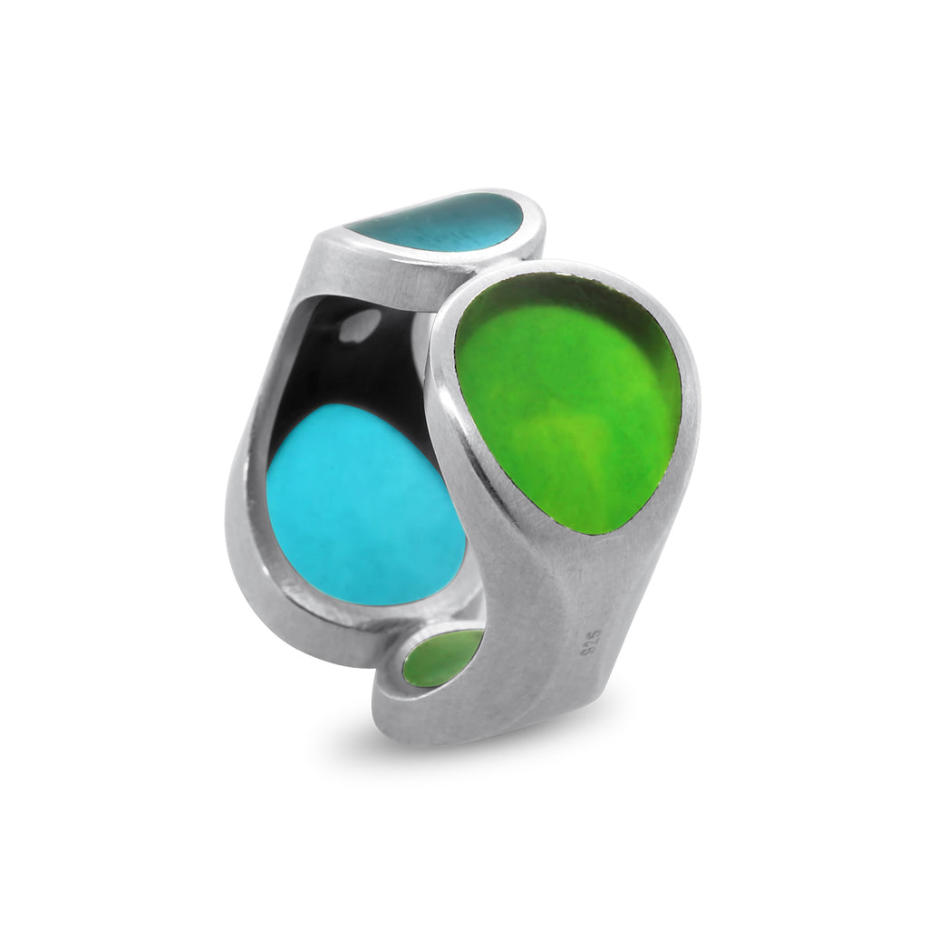 Photograph 1 of Monika Jakubec's Contemporary Silver Double Cone Resin Statement Ring. Available on DESIGNYARD.com and in our Jewellery Shop Dublin, Ireland. Free Worldwide Shipping with DHL.