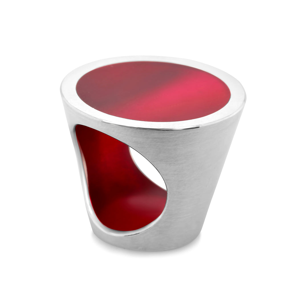 Photograph 1 of Monika Jakubec's Contemporary Sterling Silver Red Resin Cone Statement Ring. Available on DESIGNYARD.com and in our Jewellery Shop Dublin, Ireland. Free Worldwide Shipping with DHL.