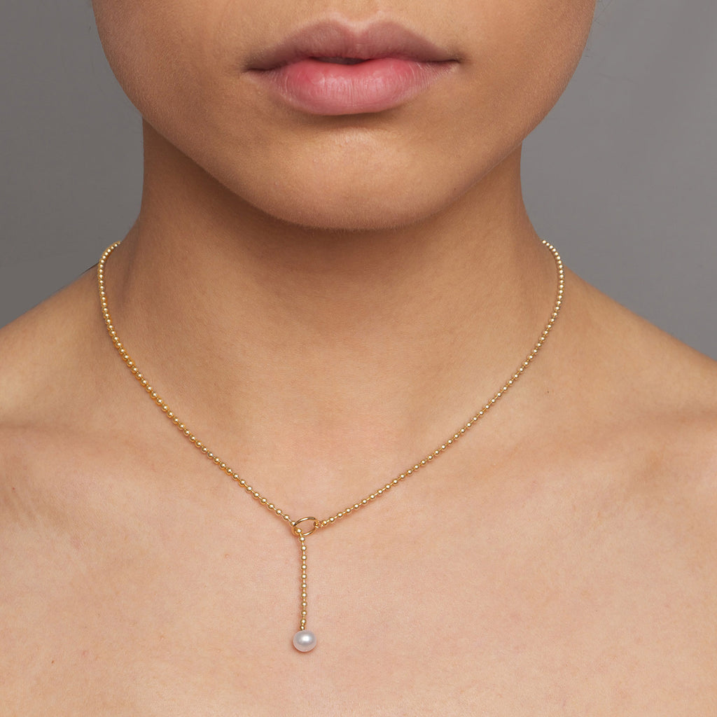 Myriam Oude Vrielink - 14k Yellow Gold Pearl Bubble Lariat - DESIGNYARD, Dublin Ireland.