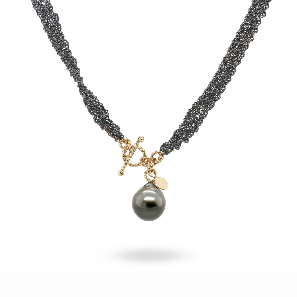 Myriam Oude Vrielink - Oxidized Silver 14k Yellow Gold Tahiti Pearl Single Ribbon Necklace - DESIGNYARD, Dublin Ireland.