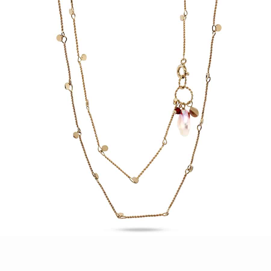 Neeltje Huddleston Slater - 14k Yellow Gold Pearl Garnet Dainty Twisted Bar Necklace - DESIGNYARD, Dublin Ireland.