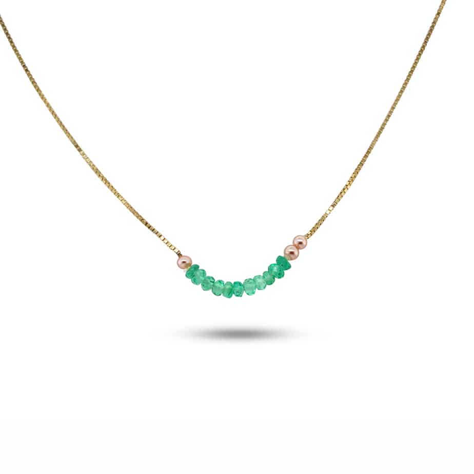 Neeltje Huddleston Slater - 14k Yellow Gold Emerald Pearl Line Necklace - DESIGNYARD, Dublin Ireland.