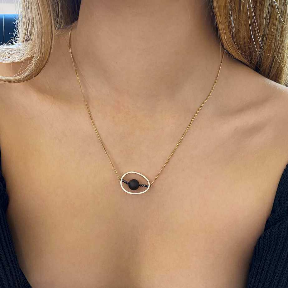 Nicole Van Der Wolf - 18k Yellow Gold Oval Silver Black Diamond Oynx Pendant - DESIGNYARD, Dublin Ireland.